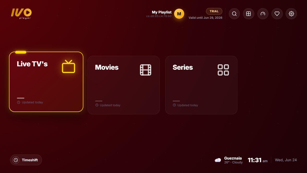 IVO Player home screen with Live TV, Movies and Series