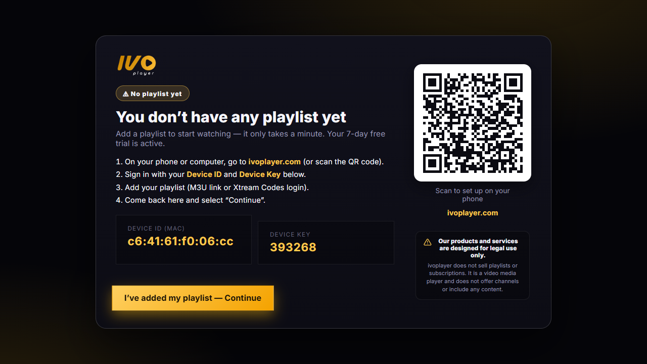 IVO Player quick setup screen